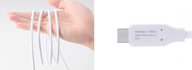 左：なめらかな手触り、やわらかで絡みにくい 右：コネクター部分に製品の仕様が印字され、一目で確認可能