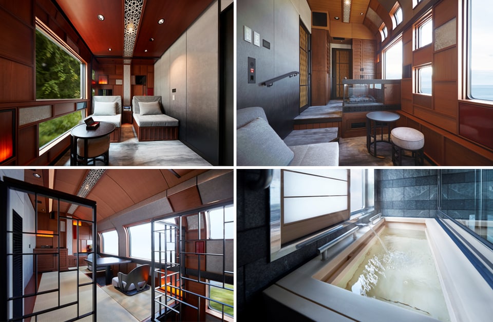 上右：スイート　上左：デラックススイート　下右：四季島スイート　下左：「四季島スイート」「デラックススイート」に備わる檜風呂