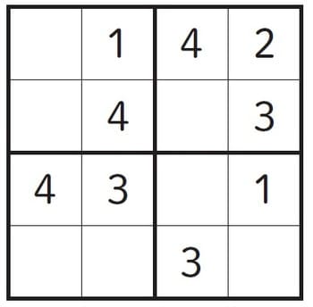 【ルール】 ①すべてのタテ、ヨコのれつに1,2,3,4の数字が入(はい)る。 ②ふとい線(せん)でくぎられた4マスに、1,2,3,4の数字が入(はい)る。