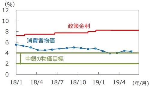 （注）政策金利は2018年1月1日～2019年6月27日。 消費者物価は前年同月比、2018年1月～2019年5月。 （出所）Bloomberg L.P.、メキシコ中央銀行のデータを基に三井住友DSアセットマネジメント作成