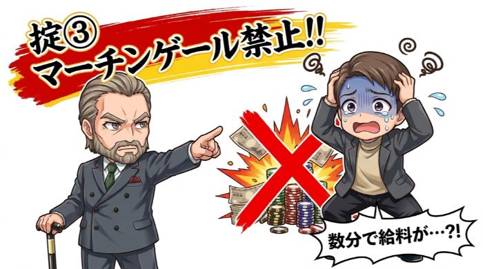 マーチンゲール（倍掛け）は禁止。例外なく禁止