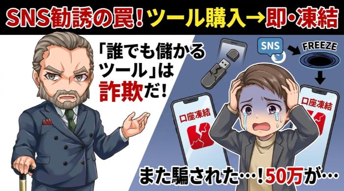 「SNS・LINE勧誘→口座開設→ツール購入→凍結」