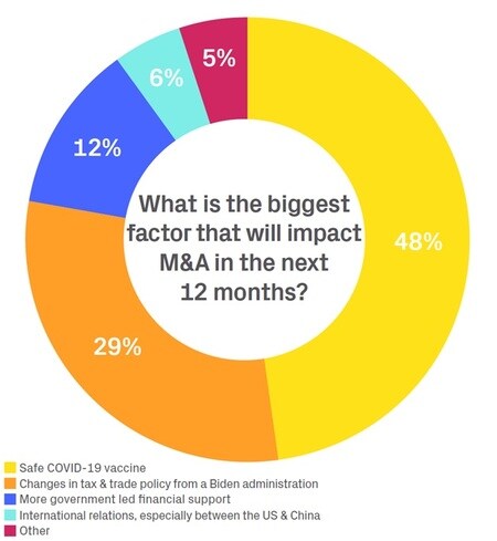 黄（48％）安全なコロナワクチン 橙（29％）バイデン政権による税制及び通商政策の変更 青（12％）政府誘導によるさらなる財政支援 水（6％） 国際関係（特に米中） 紅（5％） その他 ※Datasite, 2021 M&A Outlook