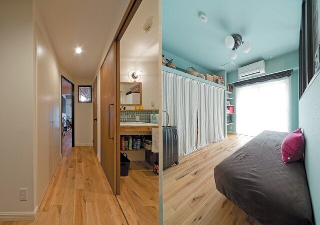 （左）大きな引き戸の採用で安全を確保。（右）クローゼットはファブリック。無垢床とミントの内装仕上げ。