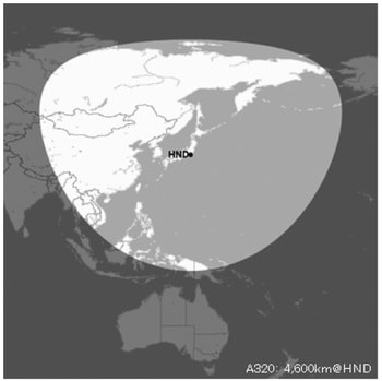 ［図表3］羽田空港を起点としたA320の就航可能地　出所：Great Circle Mapper (http://www.gcmap.com/)