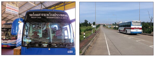 （左）タイとラオスの間には、第2友好橋を行き来する国際バスが頻発している
（右）サワンナケートから第２友好橋へ。東西回廊の象徴ともいえる