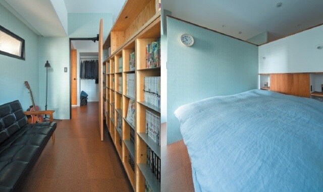 (左)造作書庫と趣味部屋で、室内窓による明るさを考慮。(右)寝室はゆるやかな壁で室温の均一性を確保。