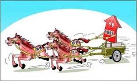 （注）「出口」は「輸出」、下の「一马（馬）当先」は「先頭に立って進む」。 （出所）2016年1月10日付参考消息網に新華社発 朱慧卿作として掲載されたものを転載