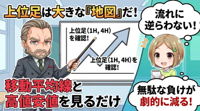 上位足（1時間足・4時間足）＝大きな流れを確認する「地図」