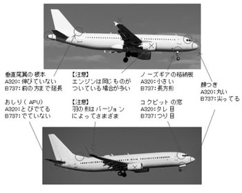 ［図表2］A320とB737の見分け方 （上:A320、下:B737）