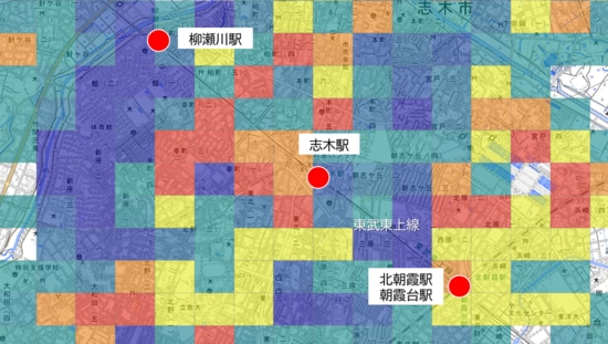 【図表4】志木駅周辺将来人口メッシュマップ 出所：国土交通省「250ｍメッシュ別将来人口推計人口データ（Ｒ国政局推計）」