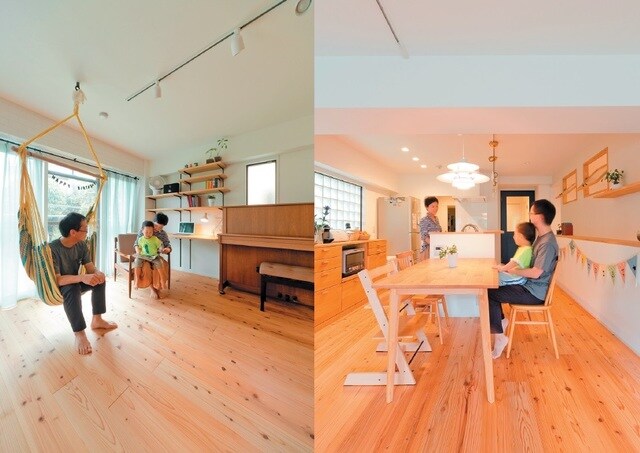 （左）壁に簡易な可動式棚と配線ダクトの照明器具。（右）料理という家事に会話をプラスさせるダイニングとキッチン。