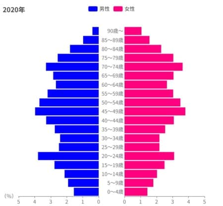 【図表1】東京都八王子市の人口ピラミッド 出所：総務省「国勢調査」