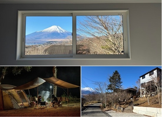 COCO VILLA 山中湖。3階の居室からの富士山を望む(写真上)。様々な視点で富士山と山中湖を楽しむことができる