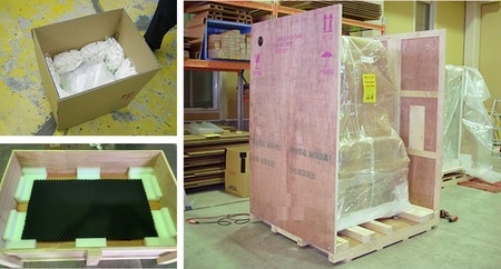 左上：強化ダンボールによる梱包、左下：木箱による梱包（絵画）、右：木箱による梱包（オブジェ）