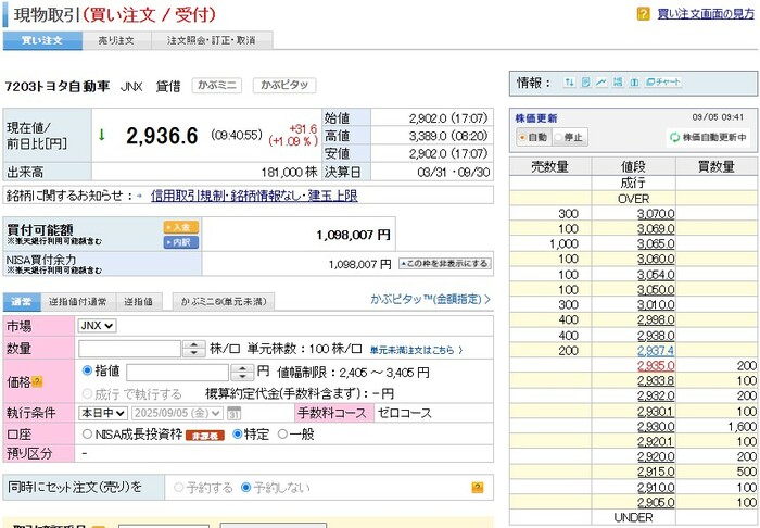楽天証券のジャパンネクストPTS（JNX）の板状況（日中取引）