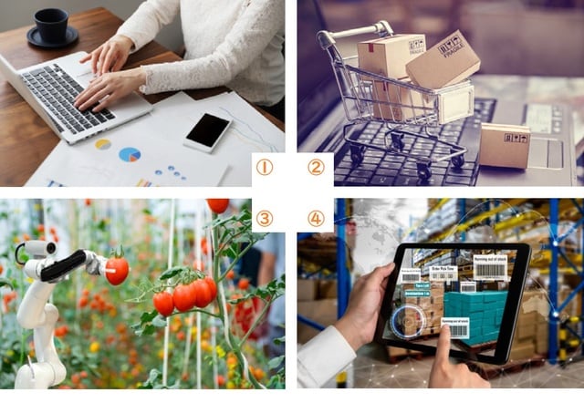 ①テレワークの普及、②オンラインショッピングの普及、③スマート農業の導入、④AIやIoTを活用した物流など ※画像はイメージです