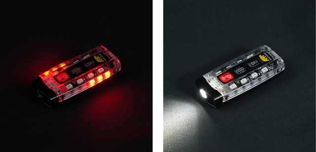 （左）LED警告シグナル：赤 （右）懐中電灯としてもご使用いただけます。