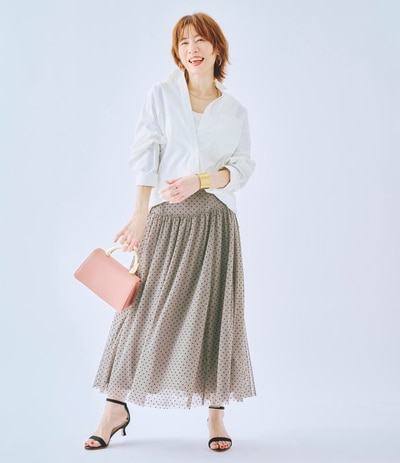 シャツ GU（ジーユー）　タンクトップ coen　スカート　ロペピクニック　ネックレス、ピアス ROCCO　バングル 私物　バッグ ル・ベルニ（キャセリーニ）　サンダル EVOL