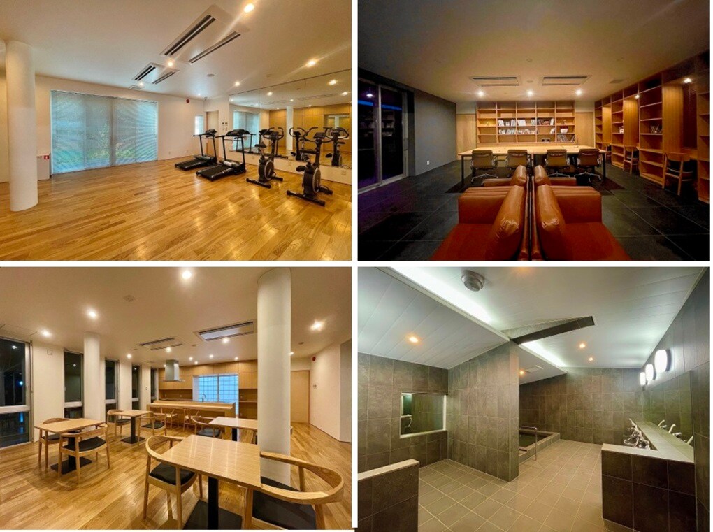センスの良い、充実した施設　写真上左：ジム　上右：ライブラリー　下左：食堂　下右：大浴場