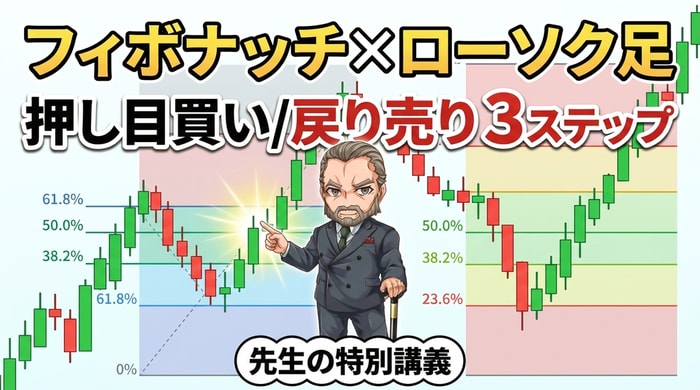 フィボナッチ×ローソク足の押し目買い3ステップ