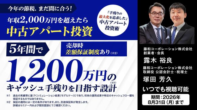 今年の節税、まだ間に合う! 【年収2,000万円を超えたら中古アパート投資】 5年間で1,200万円のキャッシュ手残りを目指す設計(※1) 売却時差額保証制度あり(※2) 「手残りの最大化を追求した」中古アパート投資術