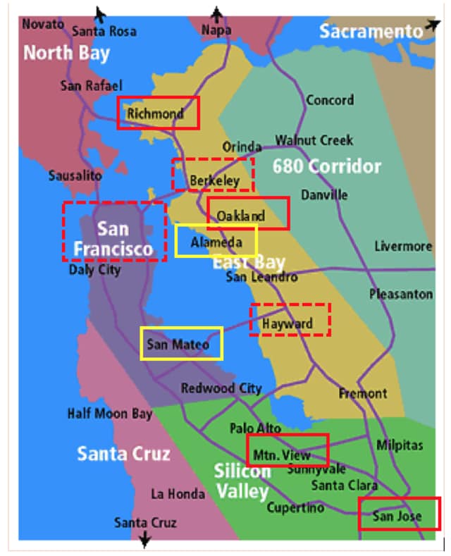 備考：⭐️赤線は2016年規制強化された都市。上からリッチモンド・オークランド・マウンテンビュー・サンノゼ。⭐️赤点線はすでに導入済都市。上からバークレイ・サンフランシスコ・ヘイワード。地図にはないがこれらの他イーストパロアルト・ロスガトスがある。⭐️黄線は住民投票の結果否決された都市。上からアラメダ・サンマテオ。地図にはないがこれらの他サンマテオのすぐ北側にバーリンゲームがある。