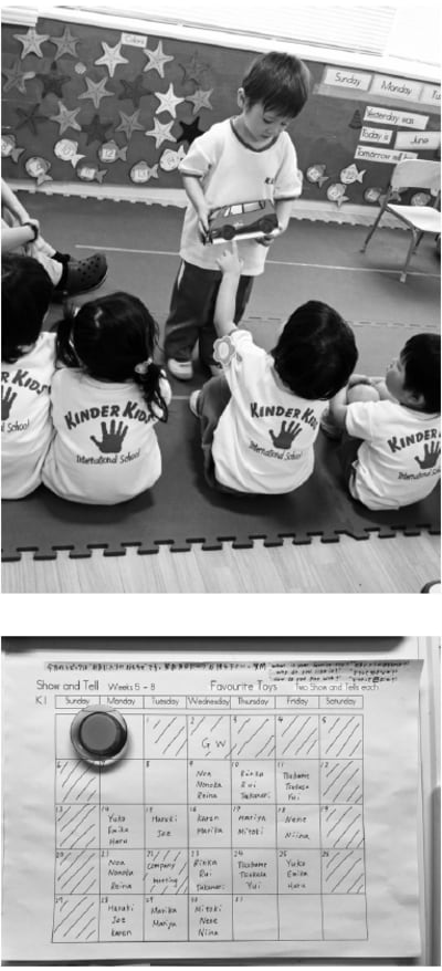 カレンダーに名前を記載し、発表日が分かるようにしている