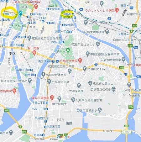 アイケンジャパンが新築アパートを建てる際、広島駅を中心とした三角形の土地のうち、平地がひとつの目安