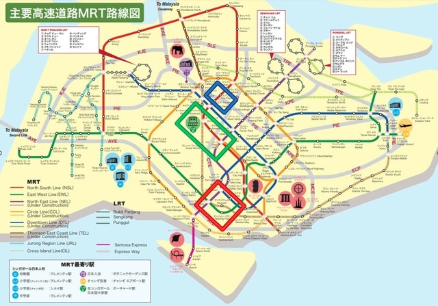 提供：Tokio Property Services 筆者が赤・青・緑の囲みを加筆。緑の囲みがオーチャード通り周辺、青い囲みがノヴェナ周辺、赤い囲みがタンジョンパガー周辺