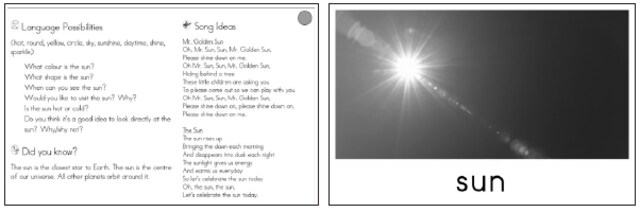 左：裏面には太陽についての正確な答えや歌などが記載されている 右；表面を見て子どもに太陽について問いかける