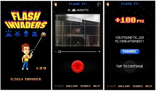 「FLASH INVADERS」のプレイ画面。照準を合わせて撮影すると、データベースと照合されポイントが入る。アトムは100ポイント、恵比寿駅付近の白いインベーダーは50ポイントだった（筆者撮影）