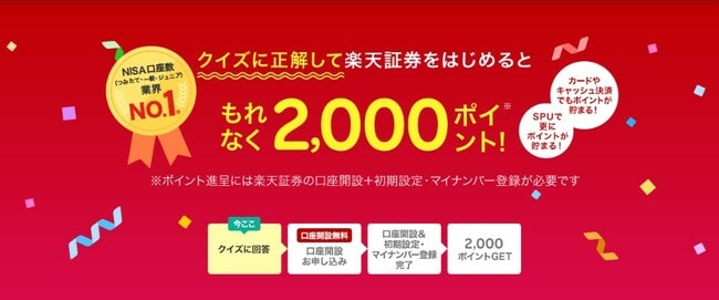 クイズに正解して楽天証券をはじめると2000ポイント