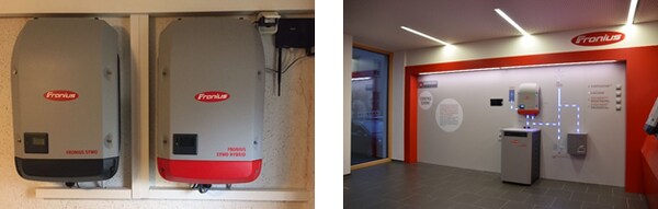 左：Froniusのパワーコンディショナ　右：Froniusショールーム（パワーコンディショナと蓄電池）