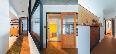 （左）玄関土間を引き延ばし、アートギャッベが映える。（中央）廊下との取り合いはモノレール式のスライドドアで。（右）お手持ち家具との一体感、壁面は有効ボードの採用。