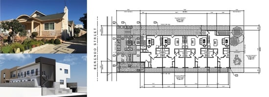 写真左上より時計回り、現状、プロジェクト図面、完成予想(パース)