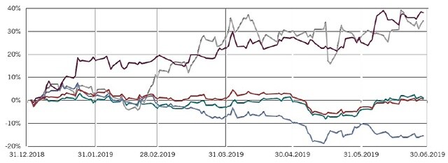 ［図表8］MSCIポーランド株価指数 ※緑線：金融、灰色：生活必需品、濃い赤線：コミュニケーション・サービス、青線：エネルギー、薄い赤線：MSCIポーランド株価指数、時点：2019年6月30日 出所：ピクテ・アセット・マネジメント