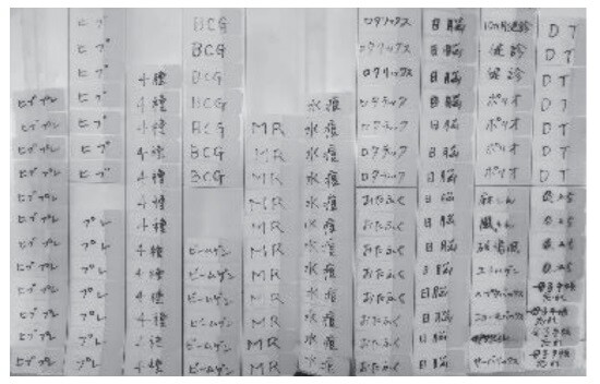 「ヒブプレ（＝ヒブワクチンと肺炎球菌ワクチンの同時接種）」、「4種（＝4種混合ワクチン）」といったワクチンシールのほか、「母子手帳忘れ」シールなども用意。