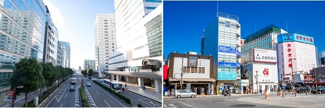 右／整然とした街並みが続く西口エリア　左／小規模店舗が軒を連ねる東口エリアは、再開発に期待が集まる