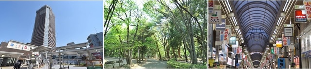 写真左より、再開発が進む駅前/周辺住民の憩いの場になっている「林試の森公園」/長いアーケドが続く「武蔵小山商店街パルム」