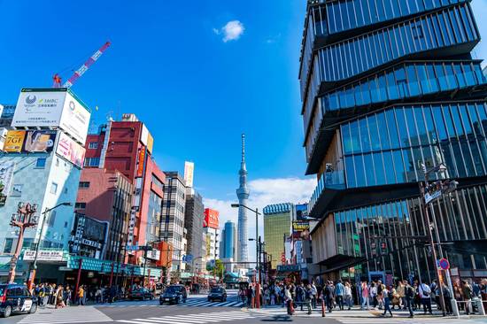 雷門前からスカイツリーを望む